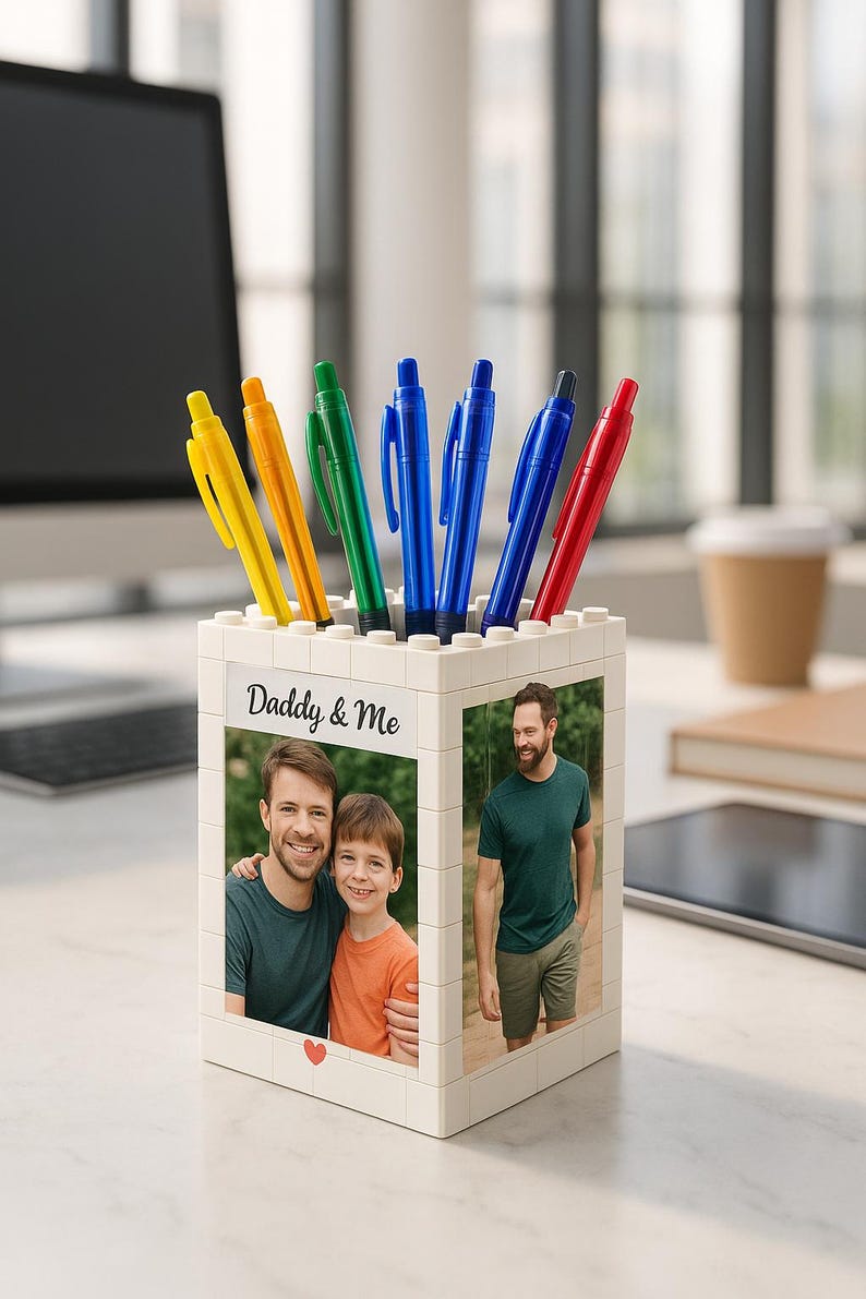 Personalized Photo Brick Pencil Holder for Dad – Brick-Inspired Desk Organizer, Gift from Kids for Father’s Day 