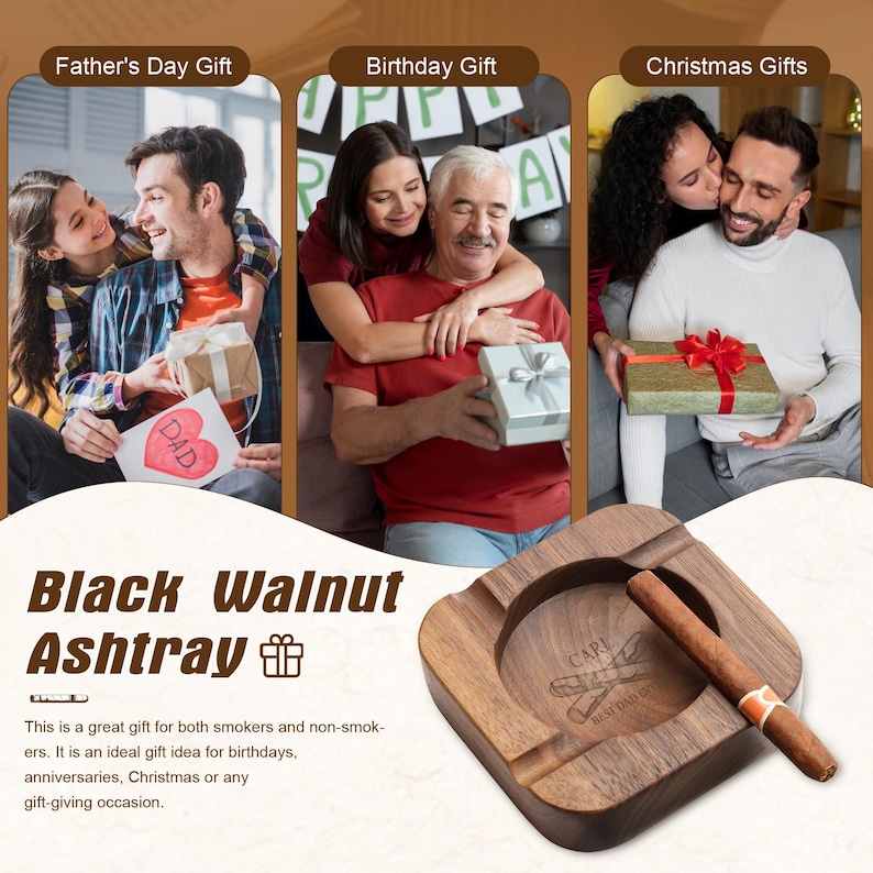 Custom Walnut Wood Cigar Ashtray, Engraved Ash Tray with 4 Cigars Grooves, Personalized Gifts for Cigar Lovers