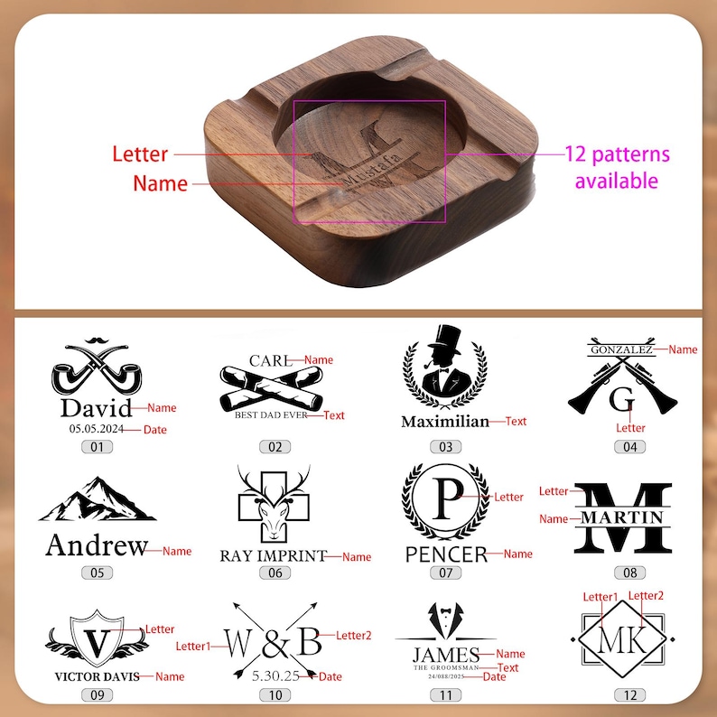 Custom Walnut Wood Cigar Ashtray, Engraved Ash Tray with 4 Cigars Grooves, Personalized Gifts for Cigar Lovers
