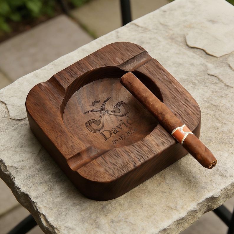 Custom Walnut Wood Cigar Ashtray, Engraved Ash Tray with 4 Cigars Grooves, Personalized Gifts for Cigar Lovers