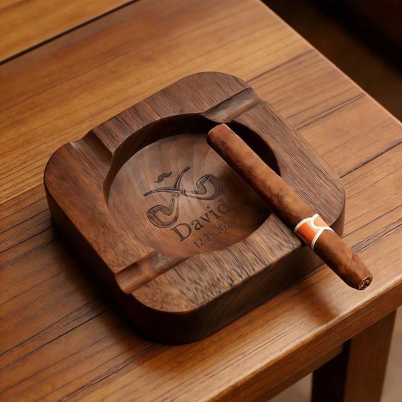 Custom Walnut Wood Cigar Ashtray, Engraved Ash Tray with 4 Cigars Grooves, Personalized Gifts for Cigar Lovers