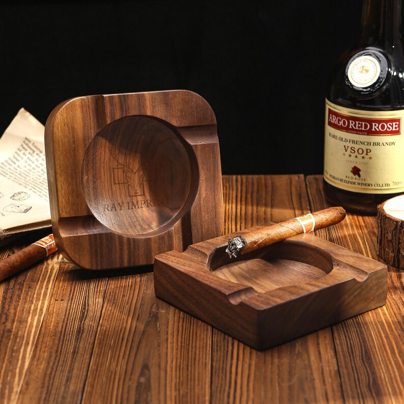 Custom Walnut Wood Cigar Ashtray, Engraved Ash Tray with 4 Cigars Grooves, Personalized Gifts for Cigar Lovers