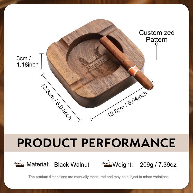 Custom Walnut Wood Cigar Ashtray, Engraved Ash Tray with 4 Cigars Grooves, Personalized Gifts for Cigar Lovers