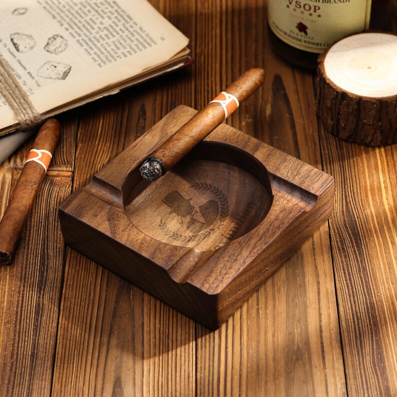 Custom Walnut Wood Cigar Ashtray, Engraved Ash Tray with 4 Cigars Grooves, Personalized Gifts for Cigar Lovers