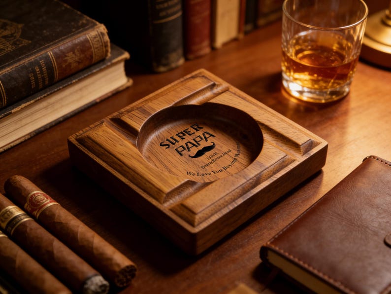 Personalized Walnut Wood Cigar Ashtray, Groomsman Gift, Husband & Fathers Gift