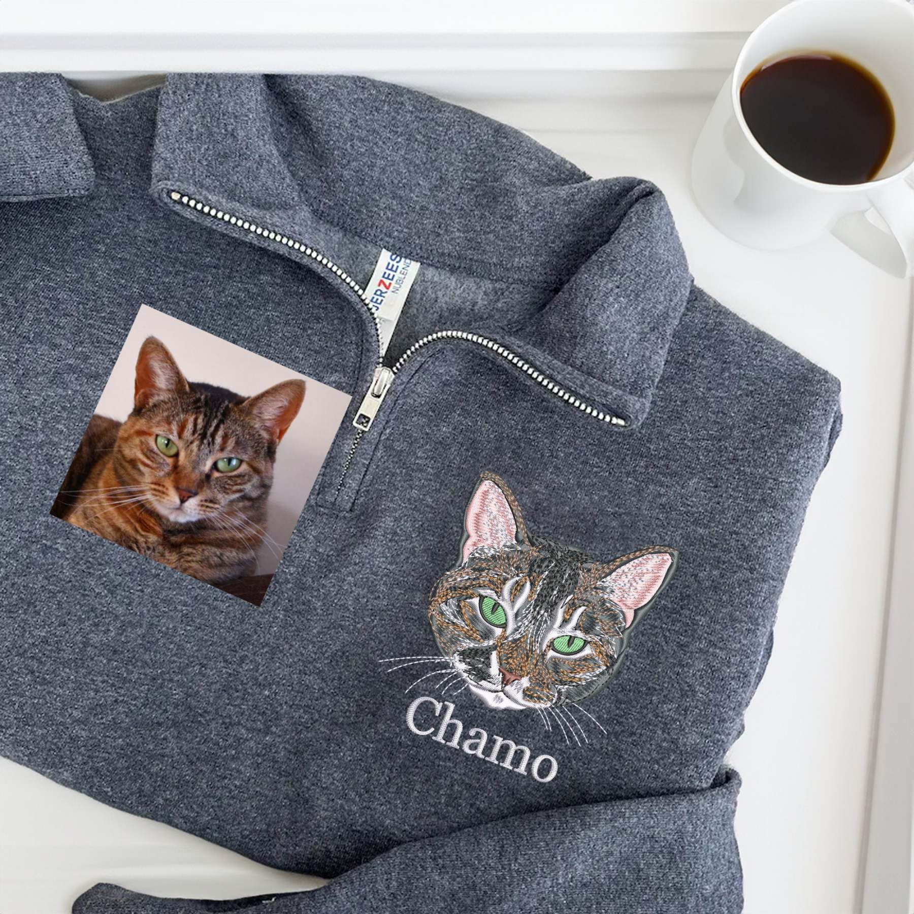 Custom Full Color/Outline EMBROIDERED Pet Quarter Zip Sweatshirt, Dog Potrait Zip Up Sweatshirt