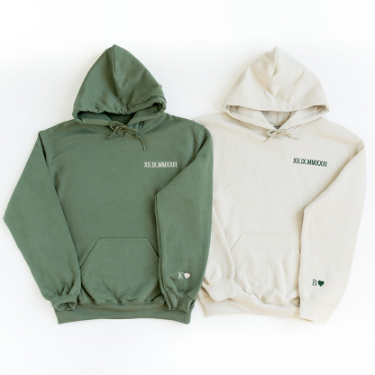 Custom Embroidered Roman Numeral Hoodie - Couples Gift - Personalized Gift Date Hoodie Initial on Sleeve-Creatgifts