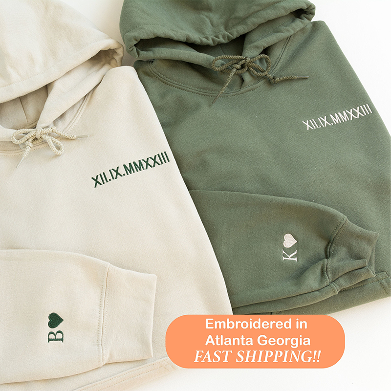 Custom Embroidered Roman Numeral Hoodie - Couples Gift - Personalized Gift Date Hoodie Initial on Sleeve-Creatgifts
