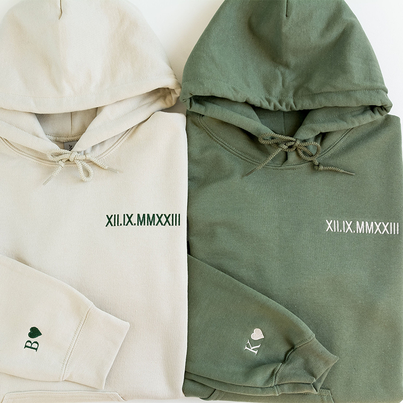 Custom Embroidered Roman Numeral Hoodie - Couples Gift - Personalized Gift Date Hoodie Initial on Sleeve-Creatgifts
