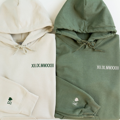 Custom Embroidered Roman Numeral Hoodie - Couples Gift - Personalized Gift Date Hoodie Initial on Sleeve-Creatgifts