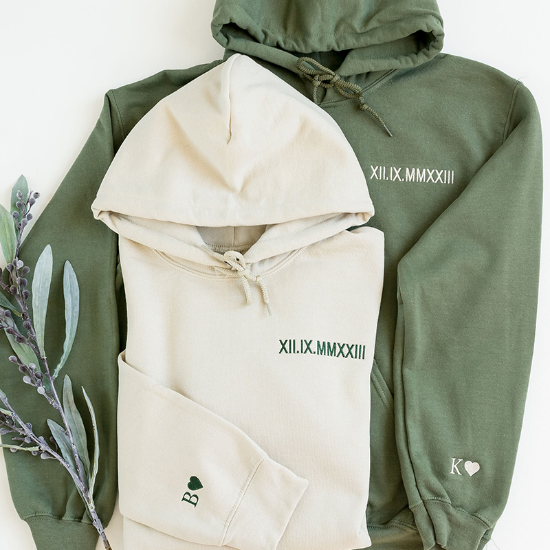 Custom Embroidered Roman Numeral Hoodie - Couples Gift - Personalized Gift Date Hoodie Initial on Sleeve-Creatgifts