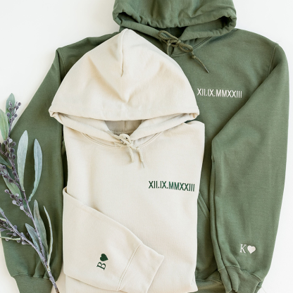 Custom Embroidered Roman Numeral Hoodie - Couples Gift - Personalized Gift Date Hoodie Initial on Sleeve-Creatgifts