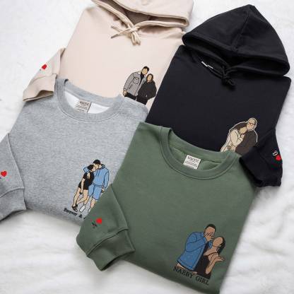 Custom Embroidered Couple Art Drawing Gift, Portrait From Photo, Embroidered Sweatshirt, Valentine Personalized, First Anniversary Gift-Creatgifts