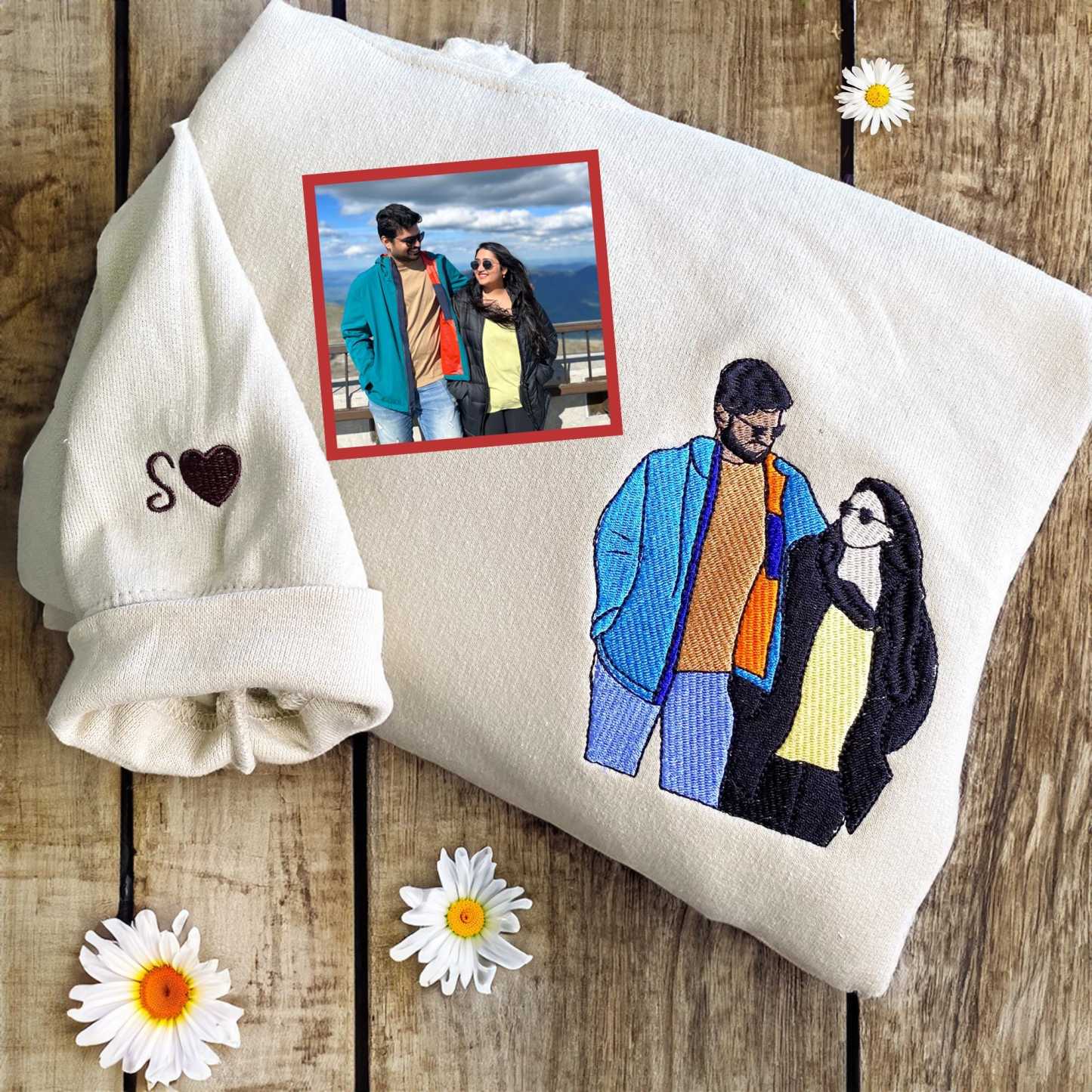 Custom Embroidered Couple photo, Portrait Wedding gifts, Embroidered Sweatshirt, Valentine Personalized, First Anniversary Gift-Creatgifts