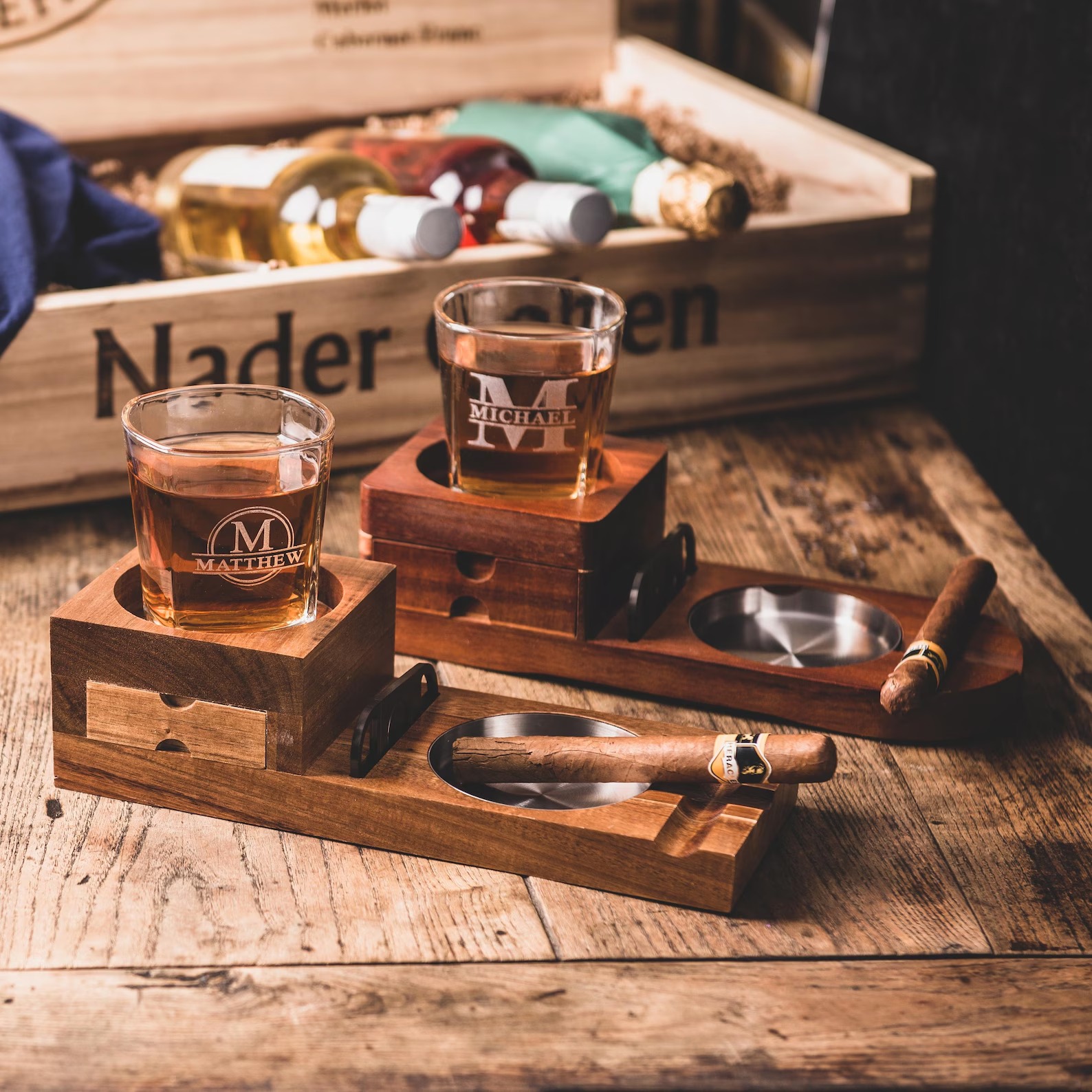 Personalized Whiskey Glass and Cigars Accessories, Groomsmen Gifts, Gift for Him