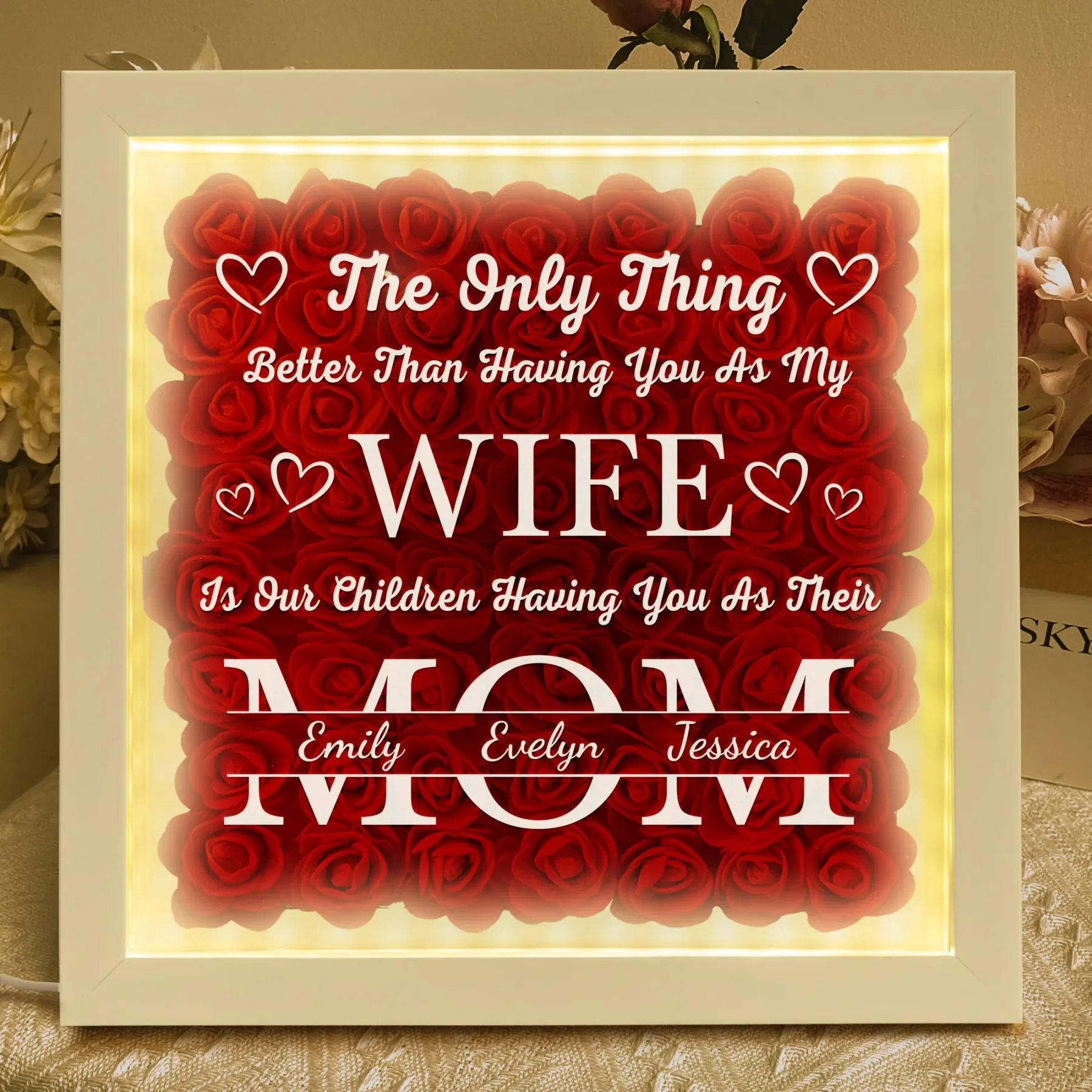 Personalized flower shadow box with LED light for wife, romantic Mother's Day gift from husband