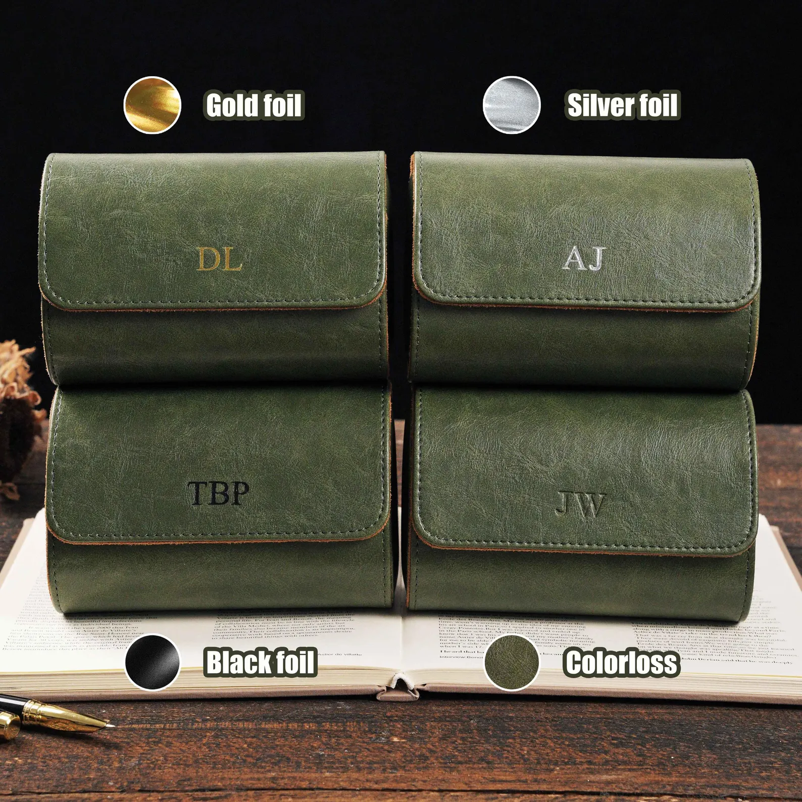 Personalized green leather watch box with elegant design for watch storage
