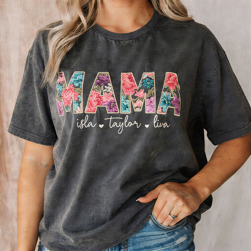 Vintage Washed Embroidered Floral MAMA Personalized T-Shirt