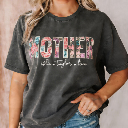 Vintage Washed Embroidered Floral MAMA Personalized T-Shirt