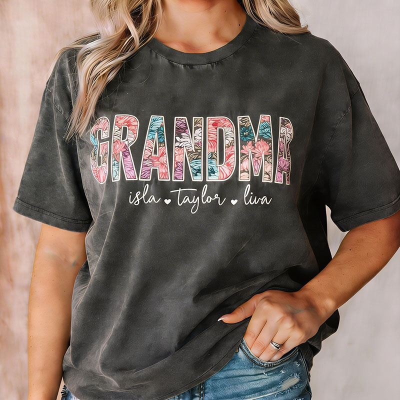 Vintage Washed Embroidered Floral MAMA Personalized T-Shirt