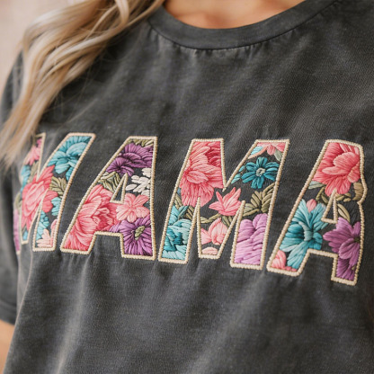 Vintage Washed Embroidered Floral MAMA Personalized T-Shirt