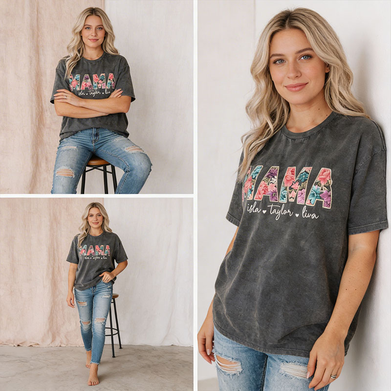 Vintage Washed Embroidered Floral MAMA Personalized T-Shirt