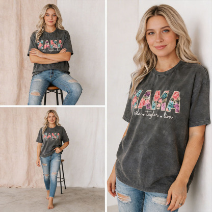 Vintage Washed Embroidered Floral MAMA Personalized T-Shirt