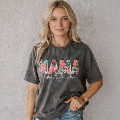 Vintage Washed Embroidered Floral MAMA Personalized T-Shirt