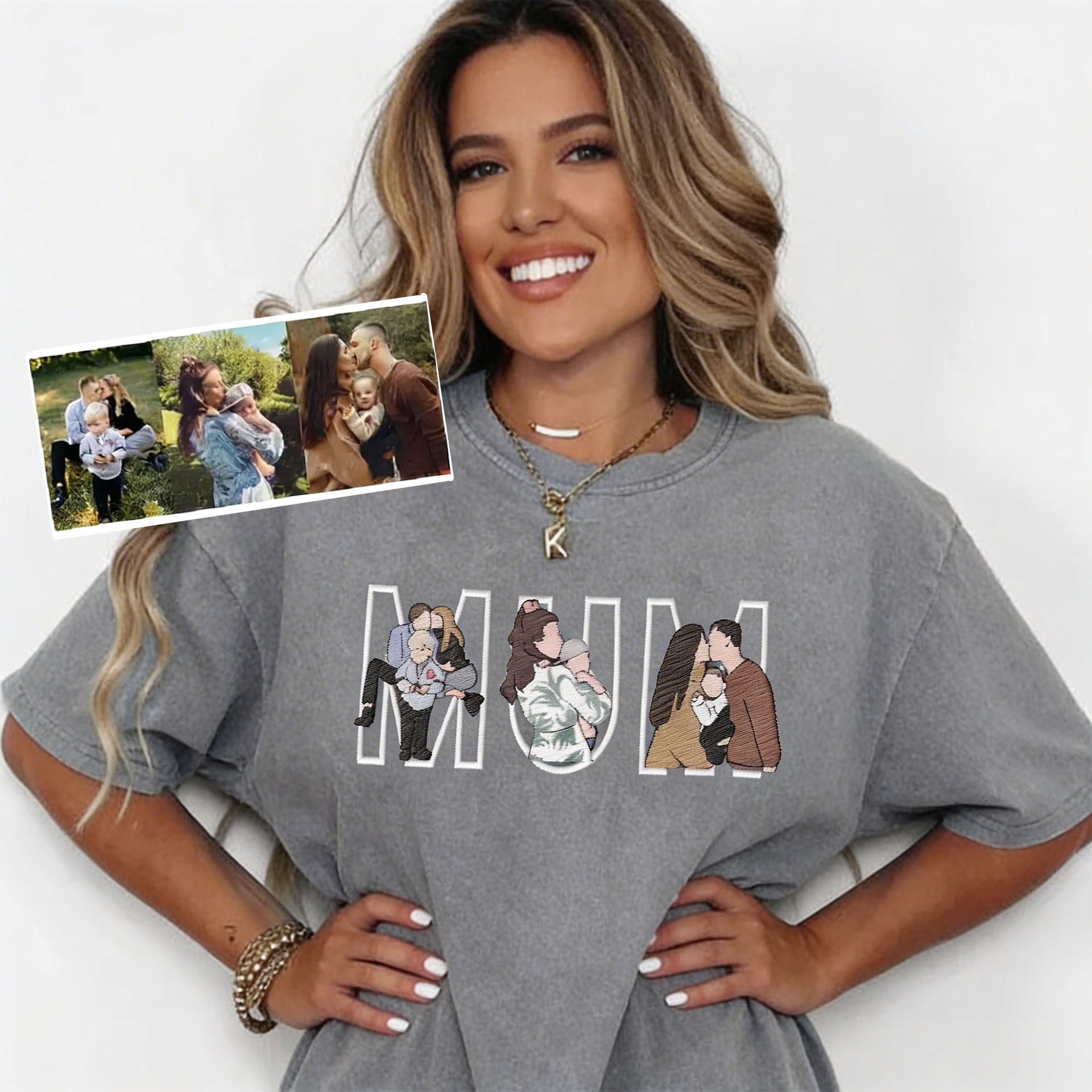 Custom Photo Portrait Embroidered Vintage Washed  T-shirt Sweatshirt Hoodie Gift for Mama Dad Family