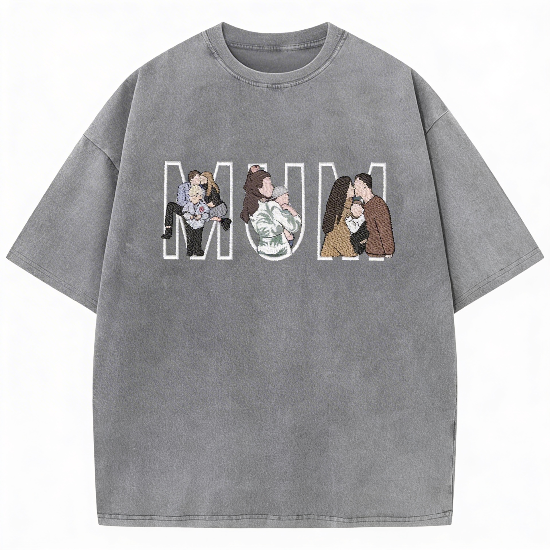 Custom Photo Portrait Embroidered Vintage Washed  T-shirt Sweatshirt Hoodie Gift for Mama Dad Family