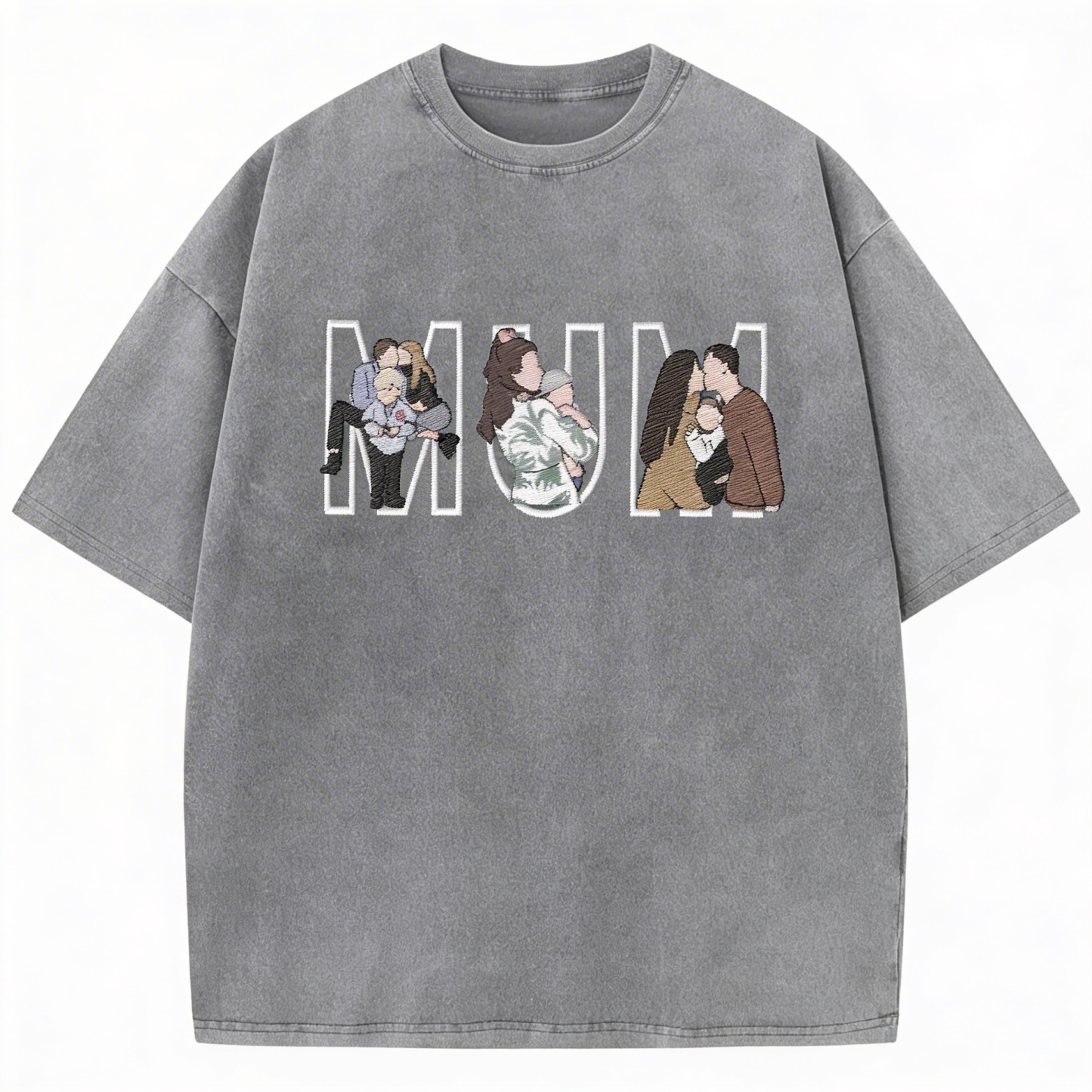 Custom Photo Portrait Embroidered Vintage Washed  T-shirt Sweatshirt Hoodie Gift for Mama Dad Family