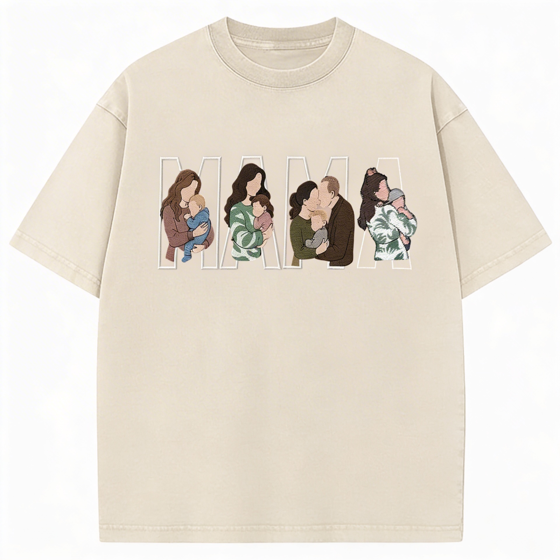 Custom Photo Portrait Embroidered Vintage Washed  T-shirt Sweatshirt Hoodie Gift for Mama Dad Family