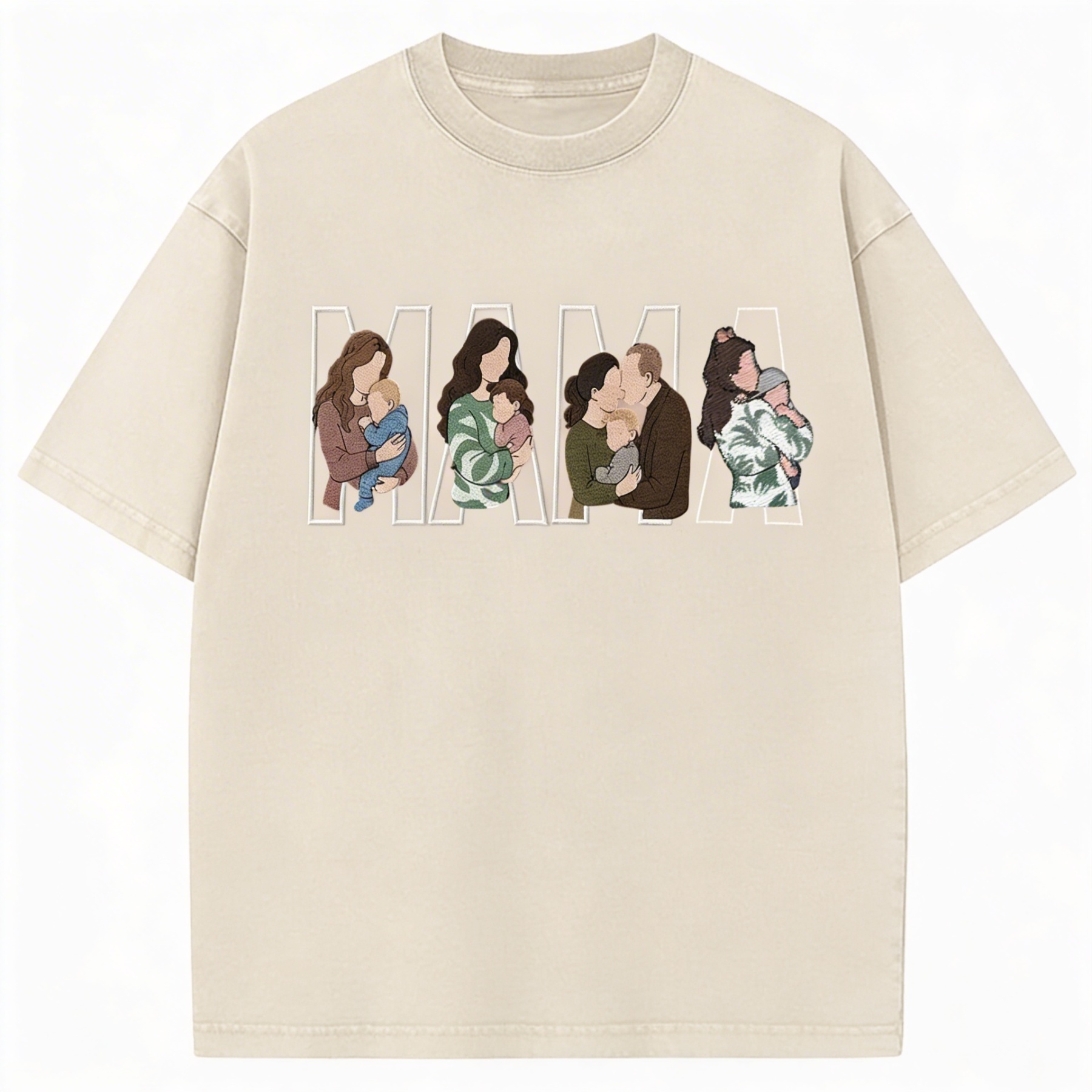 Custom Photo Portrait Embroidered Vintage Washed  T-shirt Sweatshirt Hoodie Gift for Mama Dad Family