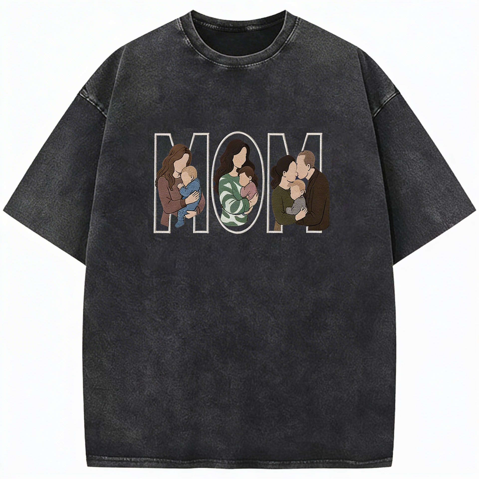 Custom Photo Portrait Embroidered Vintage Washed  T-shirt Sweatshirt Hoodie Gift for Mama Dad Family