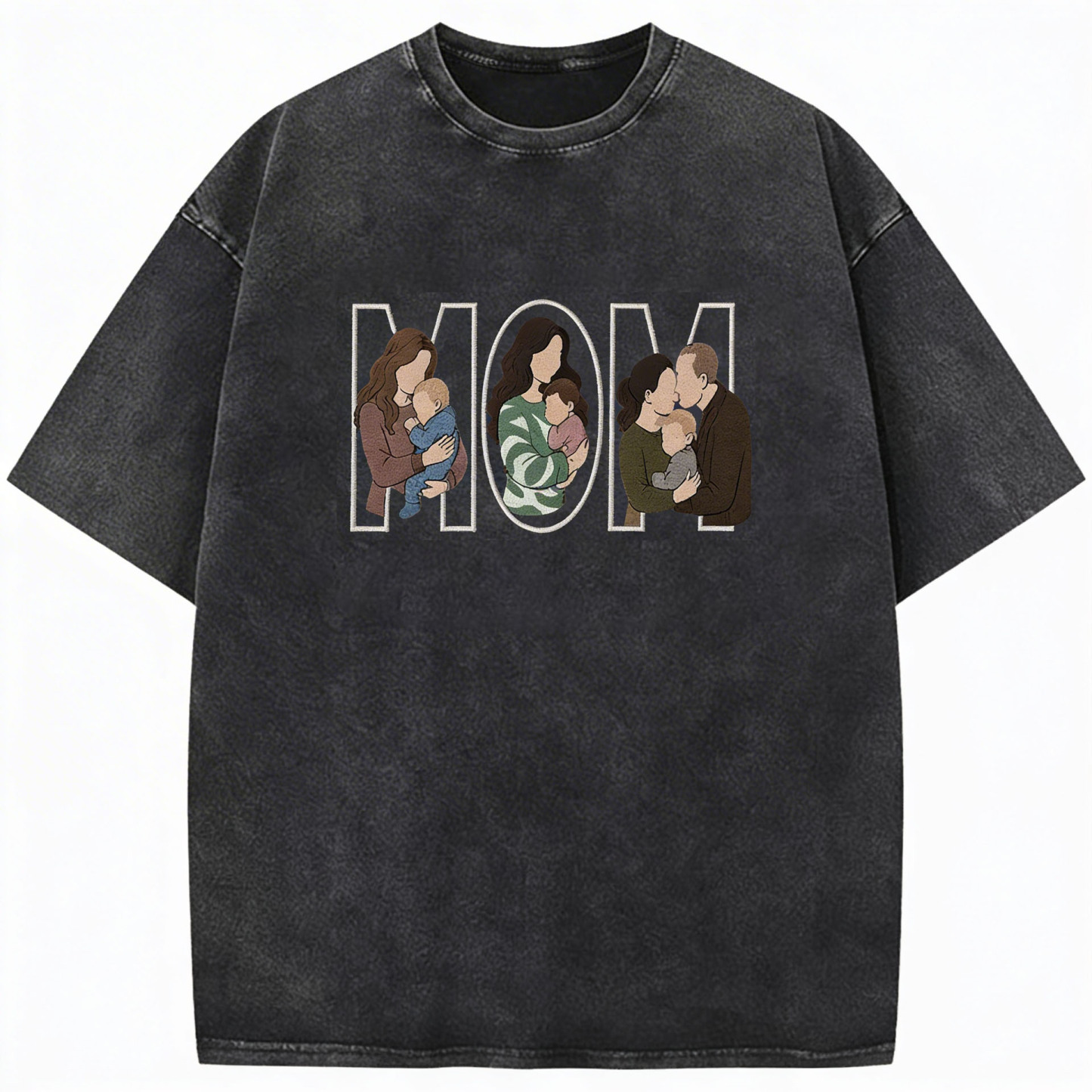 Custom Photo Portrait Embroidered Vintage Washed  T-shirt Sweatshirt Hoodie Gift for Mama Dad Family