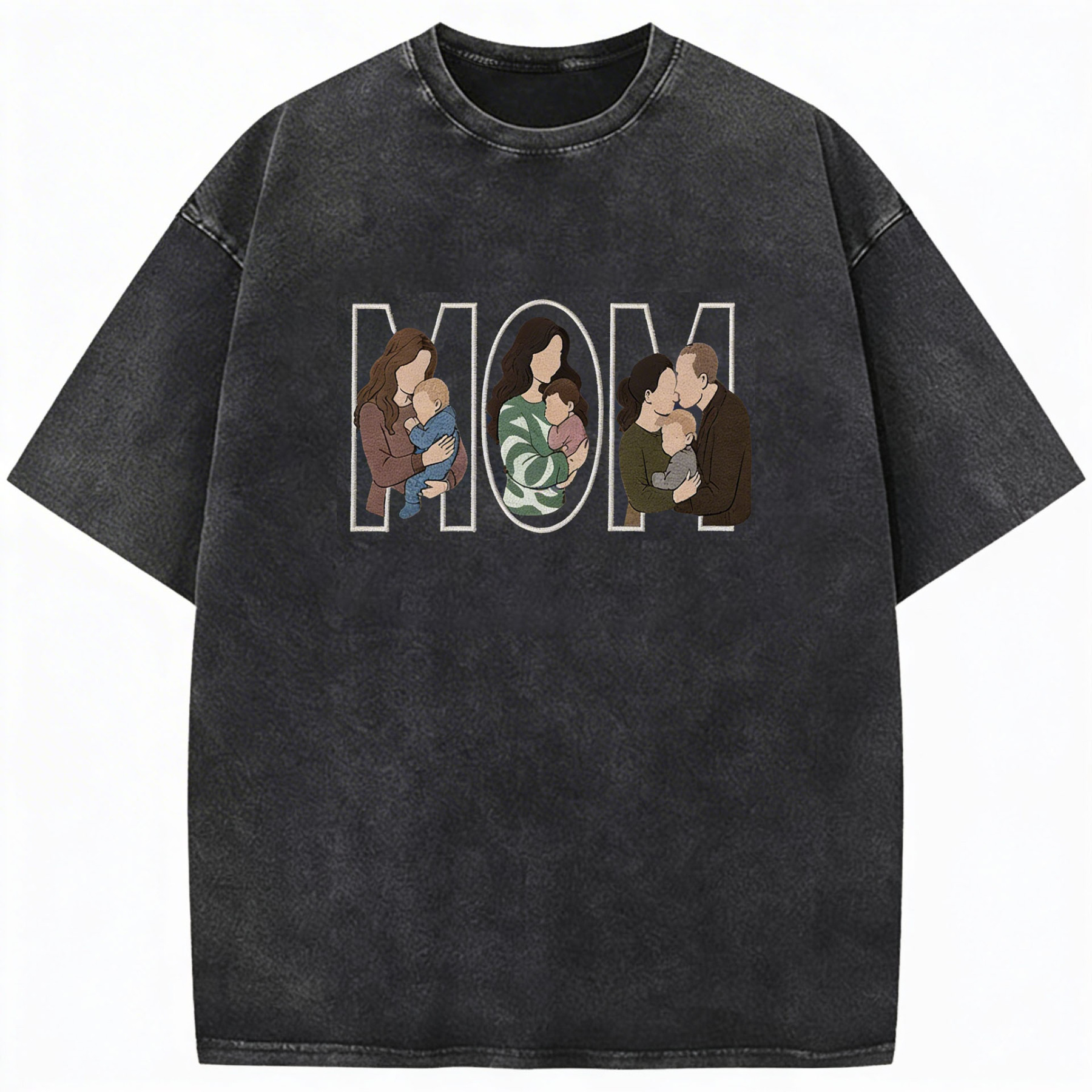 Custom Photo Portrait Embroidered Vintage Washed  T-shirt Sweatshirt Hoodie Gift for Mama Dad Family