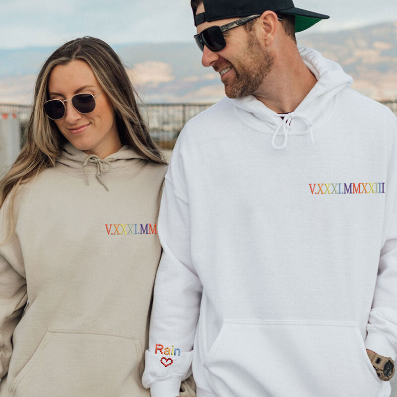 Personalized Hoodie Custom Embroidered Colorful Roman Numeral Date Attractive Gift for Couple's Anniversary-Creatgifts