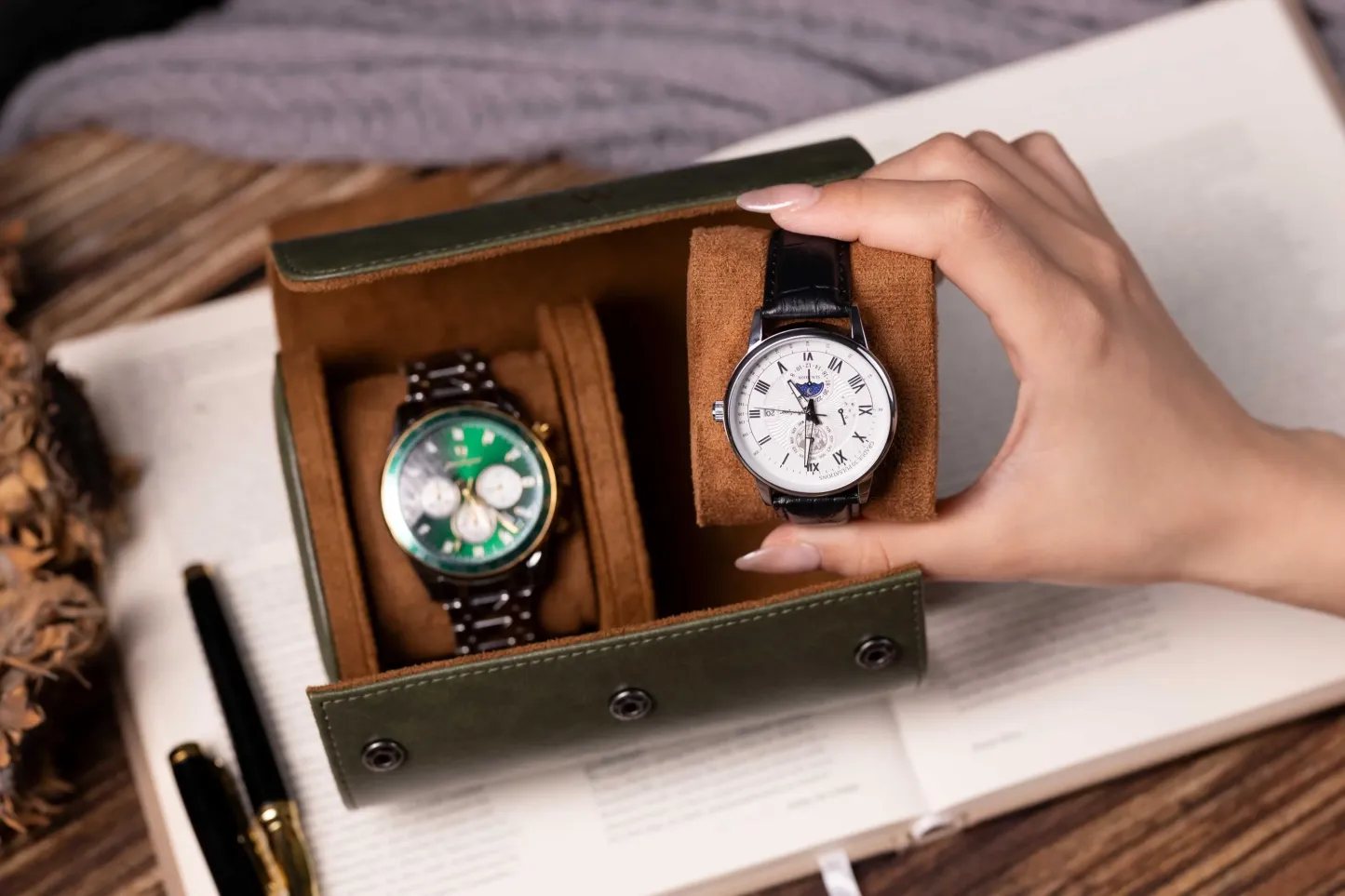 Watch roll with soft suede interior protecting watches from scratches