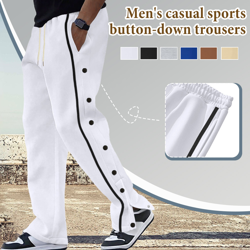 Alberchris™ Men's New Solid Striped Fashion Buttoned Wide Leg Pants Casual Sports Pants