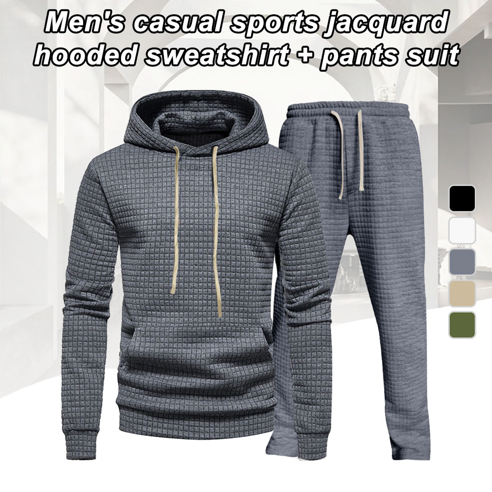 Alberchris™ Men's casual small checkered jacquard hooded sweatshirt and pants set
