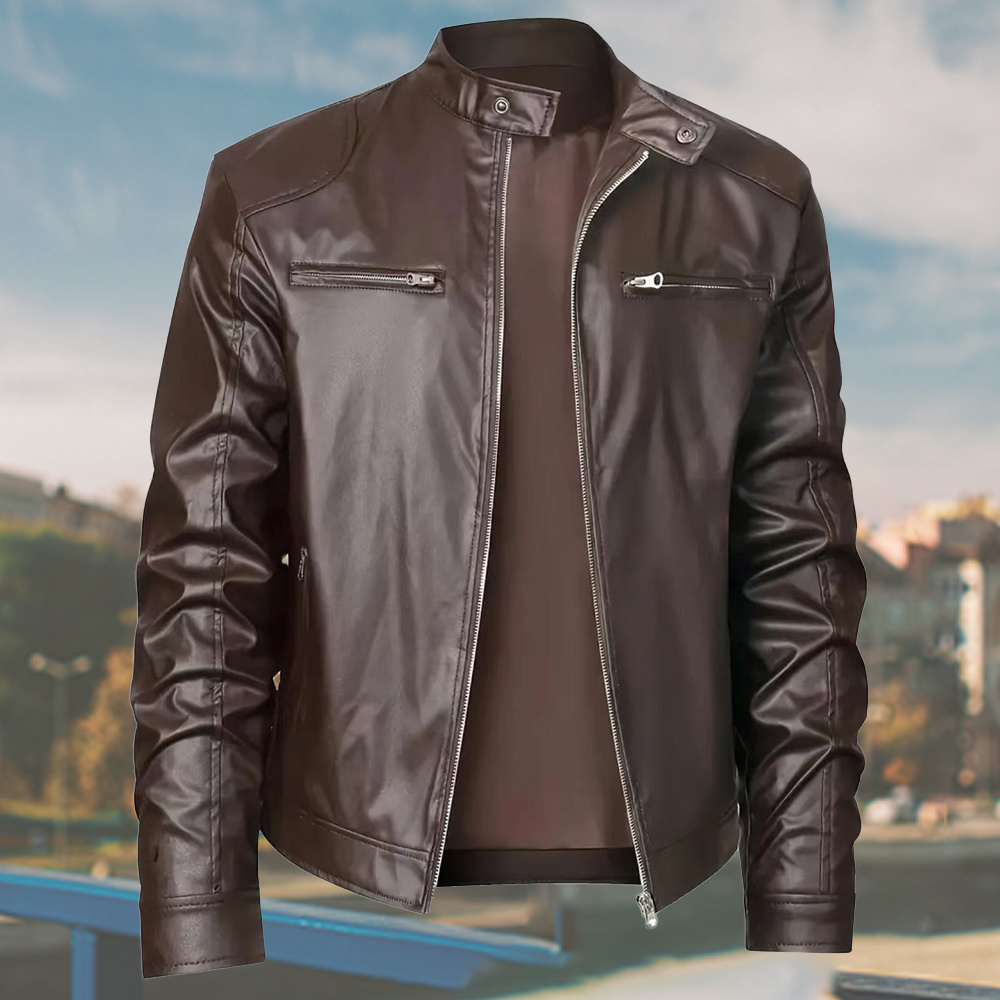 New Men's Stand-up Collar Zipper Leather Jacket