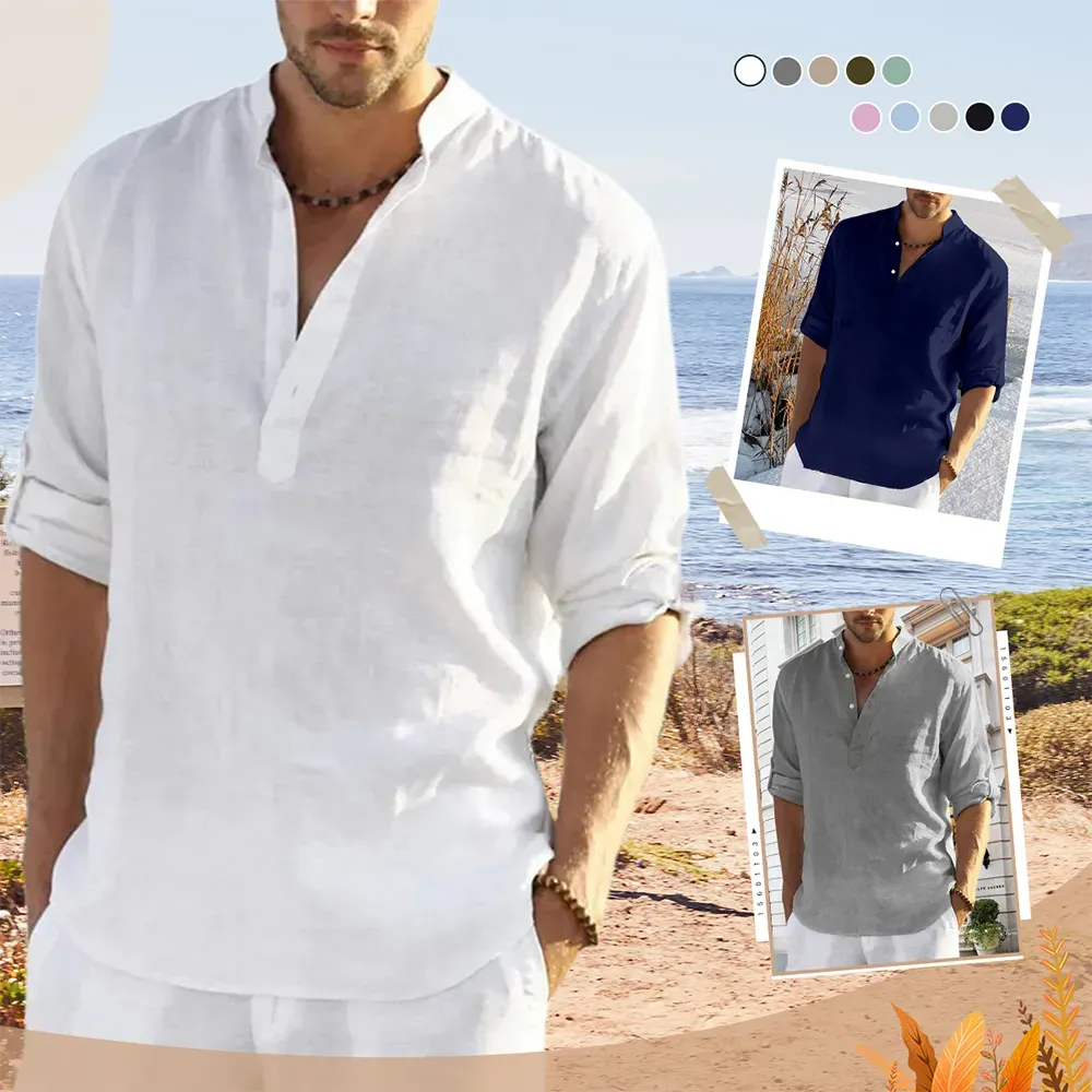 Men's spring and summer solid color cotton and linen shirts
