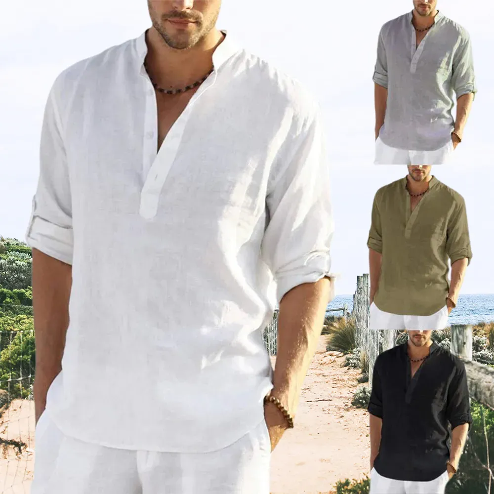 Men's spring and summer solid color cotton and linen shirts