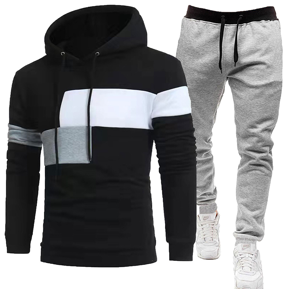 Alberchris™ Men's fleece colorblock casual sports hooded sweatshirt and pants two-piece set
