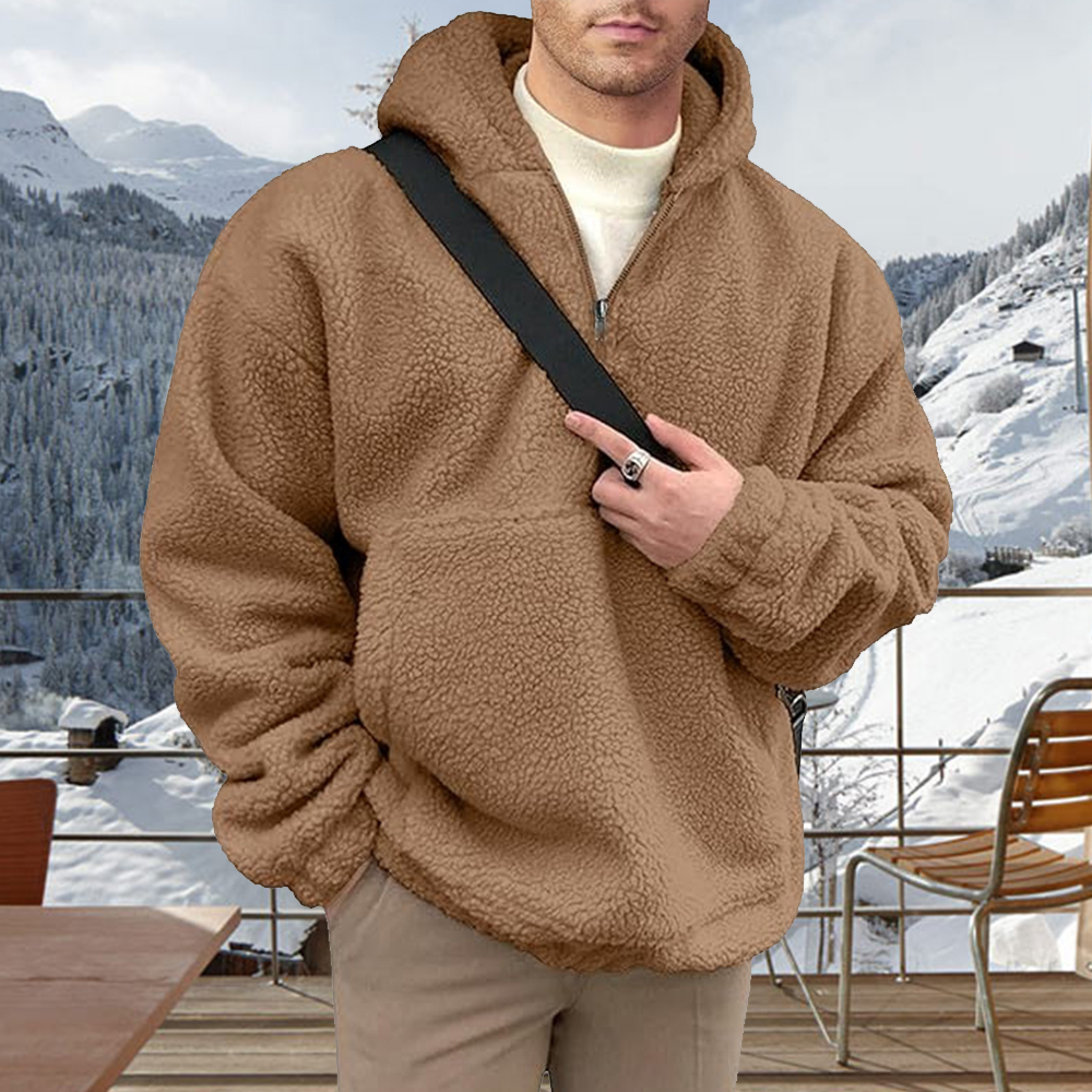 Alberchris™ Men's half-zip solid flannel hooded sweatshirt