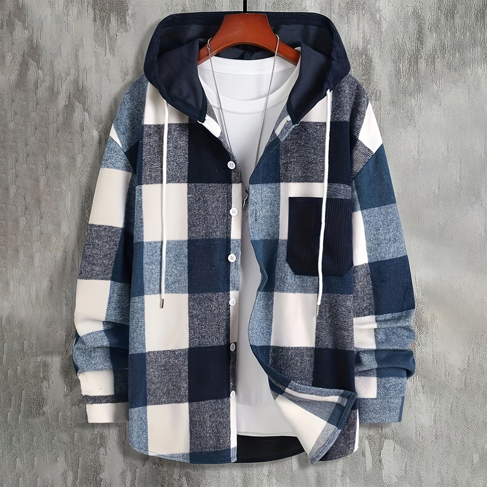 Alberchris™ Men's Autumn and Winter New Hooded Plaid Jacket Long Sleeve Thickened Shirt Top
