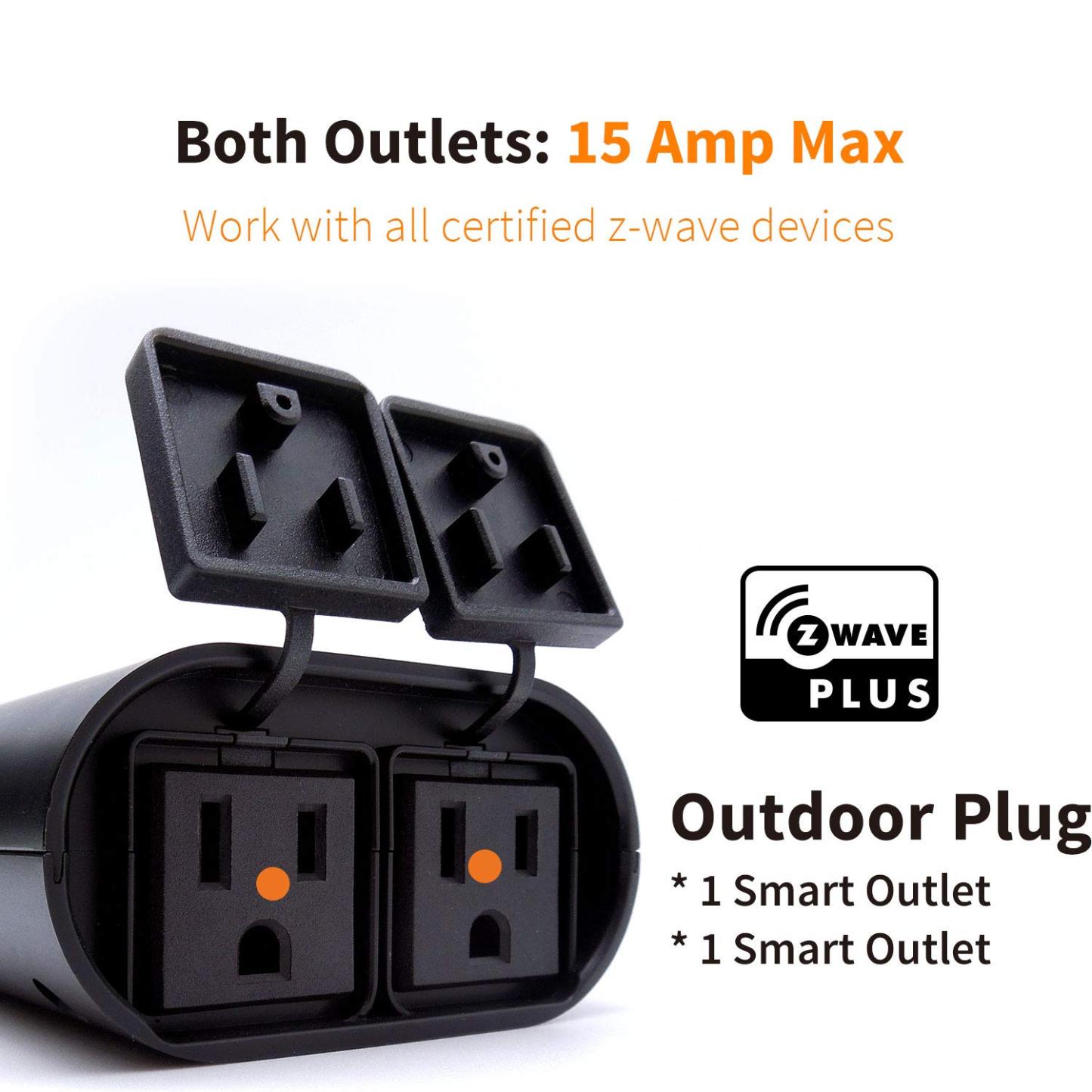 Outdoor Zwave Smart Plug, Waterproof Dual On/Off Socket, Z Wave Hub Required (ZW96)