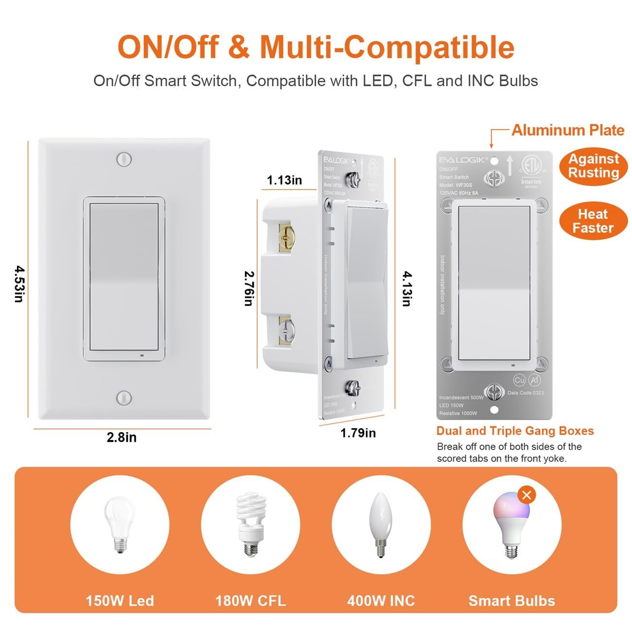 Eva Logik WIFI Smart Light Switch, On/Off, Single Pole & 3 Way, 2.4G Needs Neutral Wire (WF30S)