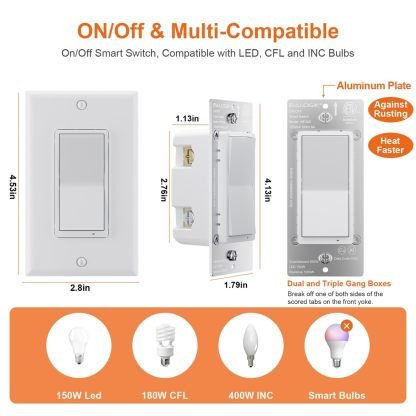 Eva Logik WIFI Smart Light Switch, On/Off, Single Pole & 3 Way, 2.4G Needs Neutral Wire (WF30S)