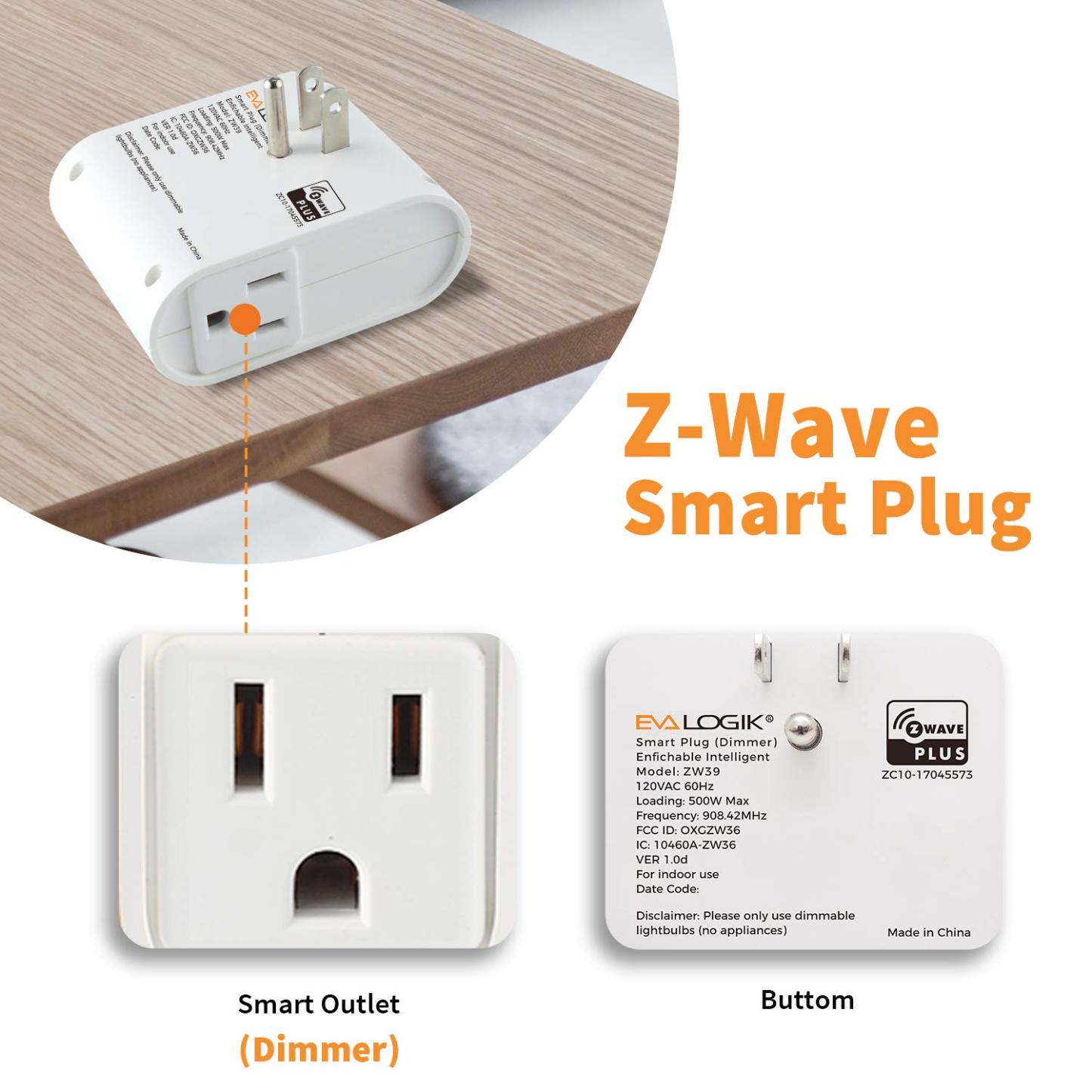 Zwave Smart Light Dimmer Outlet, Z-Wave Smart Plug-in Socket, Built-in Repeater, Z Wave Hub Required (ZW39)